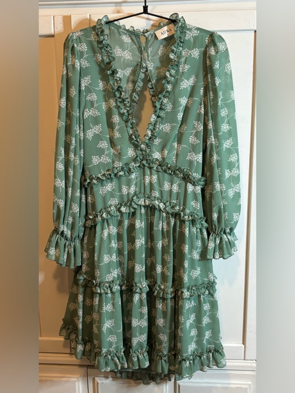 Aura Floral Ruffle Mini Dress Sage Green Boho Open Back Long Sleeve Large - Picture 4 of 15